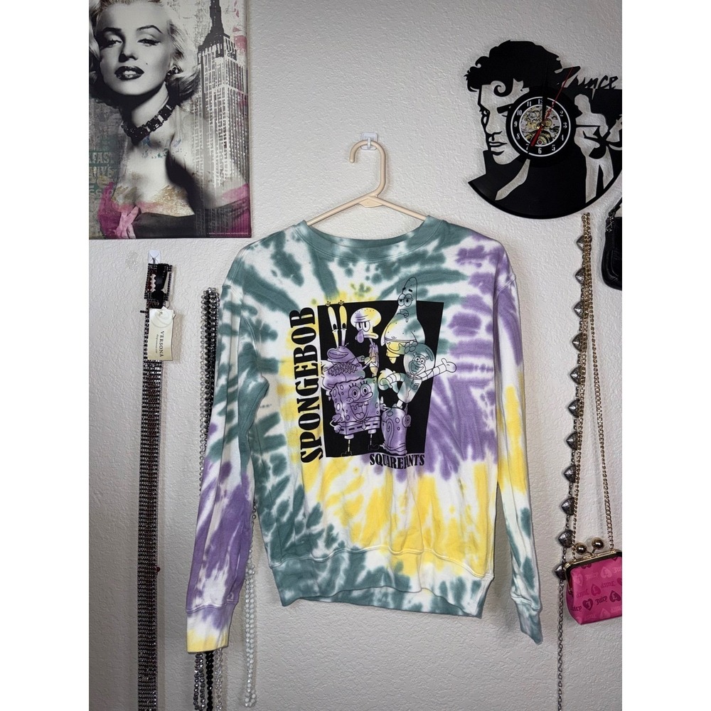 SpongeBob SquarePants Tie Dye Crewneck Sweatshirt XS Nickelodeon Purple Teal
